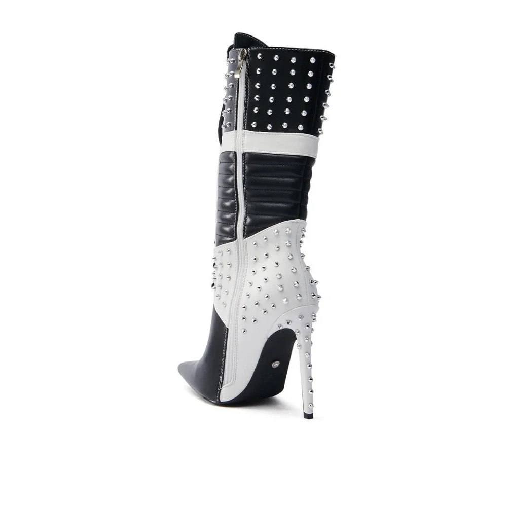 Azalea Wang Studded Lace Up Mid‎ Calf Boots Black White Stiletto Heel Statement